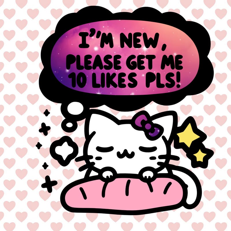 kitty taking a nap dream talking and saying "i'm new, please get me at least 10 likes pls!!"