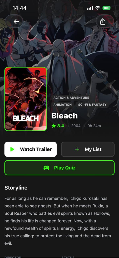 Zorox : Anime Movies & Quizzes - Detailed information for Bleach anime in the Zorox app with trailer and quiz options