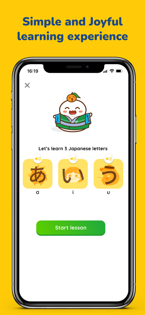 A colorful mobile app screen showing basic Japanese Hiragana characters and a cute mascot character