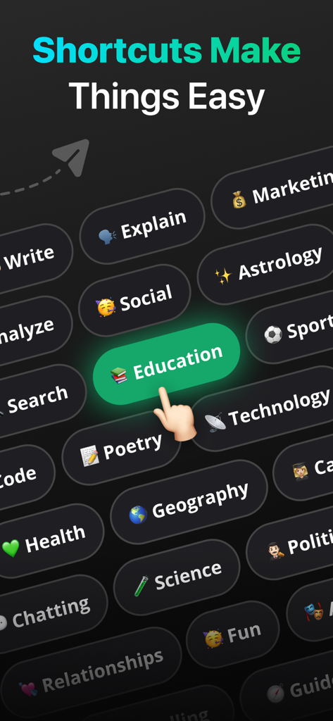 Lisa Chat app interface showing categorized AI shortcuts for productivity and content creation