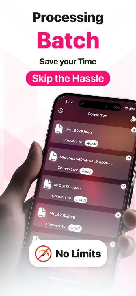 Image Converter • JPG to PDF - Bildschirm der Bildkonverter-App, der die Stapelkonvertierung mehrerer Bilddateien in verschiedene Formate wie PDF und JPG zeigt