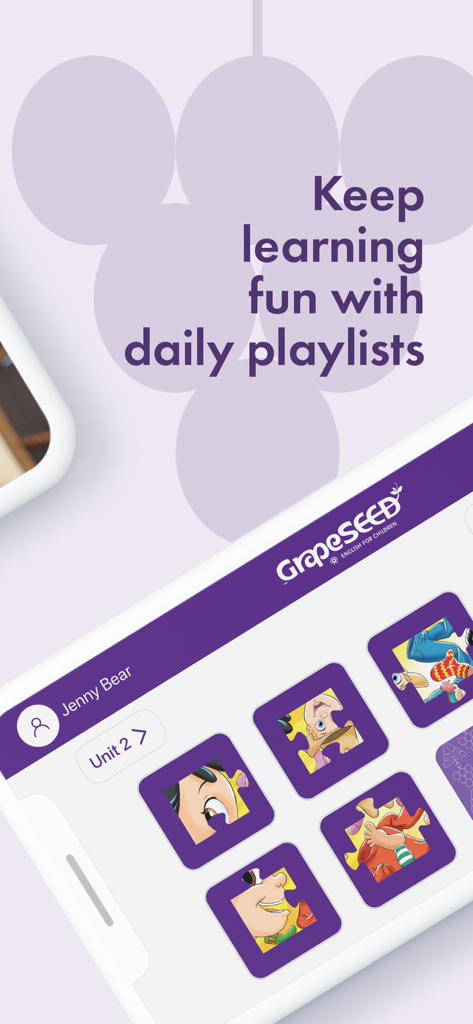 GrapeSEED Student - GrapeSEED Student app interface showing daily English learning playlists for children