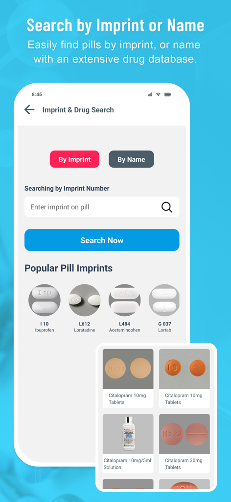 Medi Scanner - Pill Identifier - Search screen for identifying pills by imprint number or name within the Medi Scanner app interface.