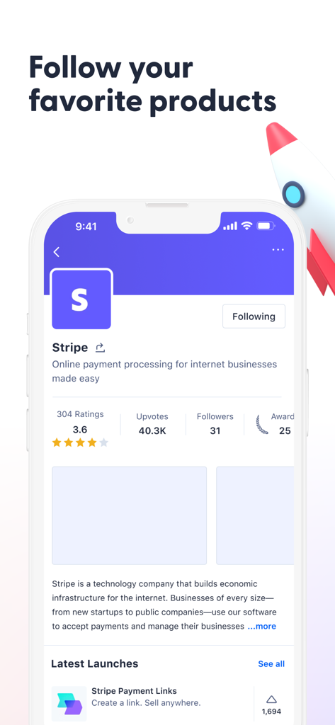 Product Hunt - Interfaz de la aplicación móvil Product Hunt mostrando la página del producto Stripe con una opción para seguirlo