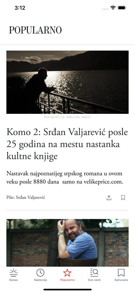 Una captura de pantalla de la sección de artículos populares en la aplicación de noticias móviles Velike price con una pieza del autor serbio Srdjan Valjarevic.