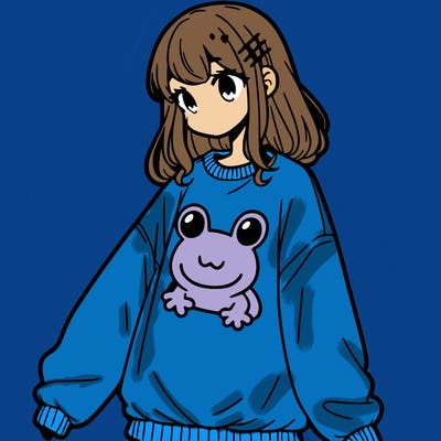 girl wearing frogging sweatshirt
