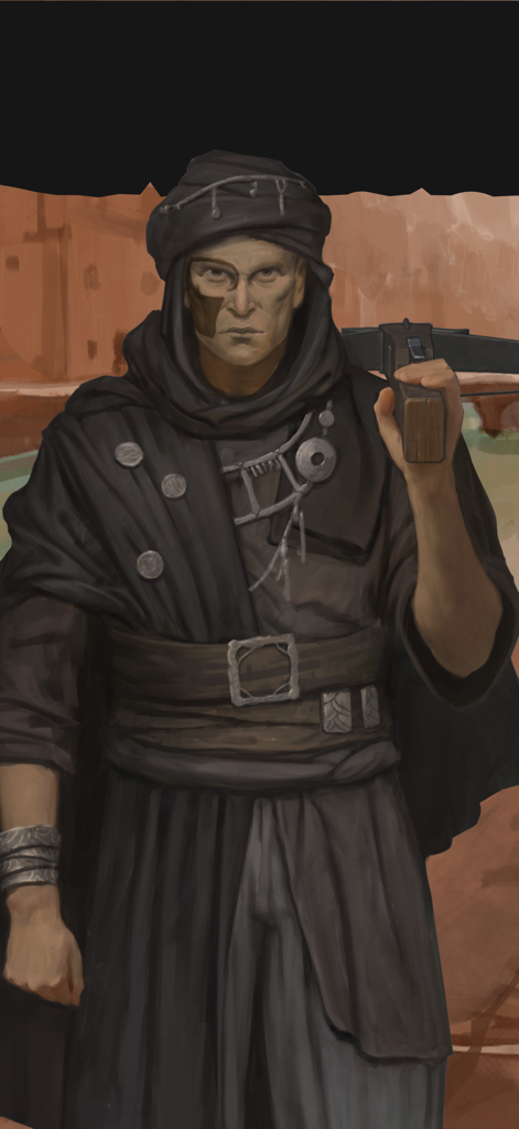 Eldrum: Black Dust - Text RPG - A grimdark warrior character from Eldrum Black Dust holding a crossbow
