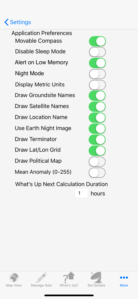 Satellite Tracker - The settings menu of the Satellite Tracker app featuring various toggle options for tracking and display preferences