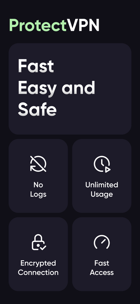 ProtectVPN app screen highlighting no logs, unlimited usage, encrypted connection, and fast access features