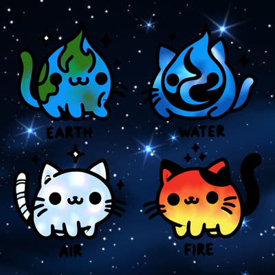 4 cats that represent the different elements, earth, water, air, and fire