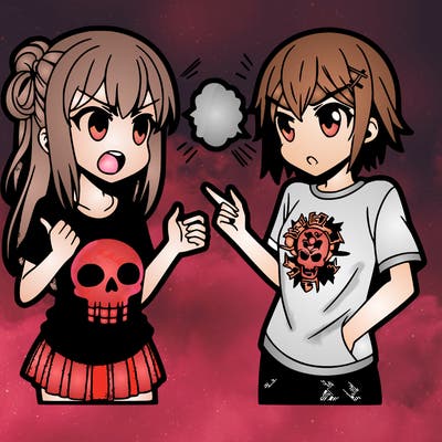 anime girl wearing a tee shirt with a skull on it arguing with an anime guy wearing a suit