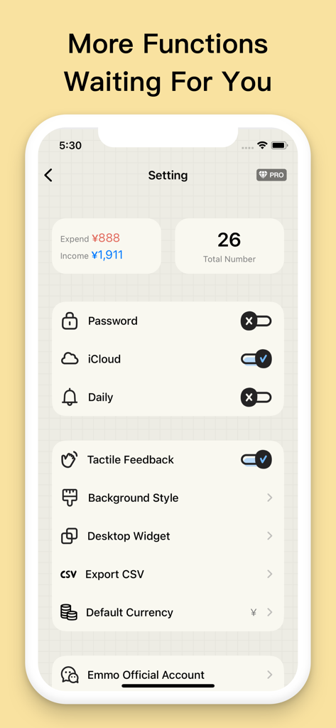 EMMO Cost - Minimalist settings menu of the EMMO Cost app showing features like iCloud sync password protection and background customization options