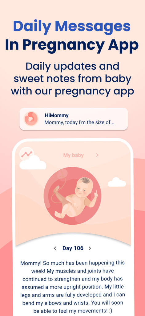 HiMommy: Ovulation & Pregnancy - HiMommy app interface showing daily messages from the baby and fetal development updates