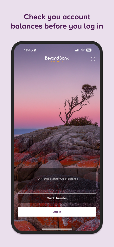 Beyond Bank mobile app login screen featuring quick balance and quick transfer options