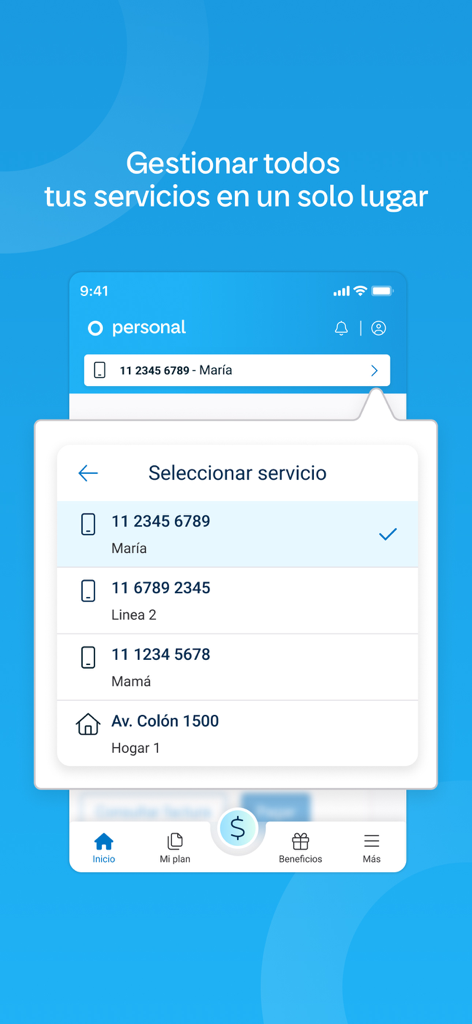 Mi Personal - Capture d'écran de l'interface de l'application Mi Personal montrant un menu permettant de sélectionner et de gérer plusieurs lignes mobiles et services Internet à domicile au même endroit.