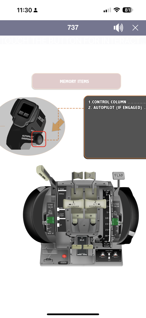 Cuadrante del acelerador del Boeing 737 y elementos de memoria de la cabina mostrados en la aplicación Virtual Panel LITE