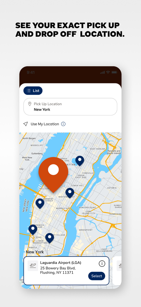 Mappa dell'app di noleggio auto Budget che mostra le località di ritiro e riconsegna disponibili a New York
