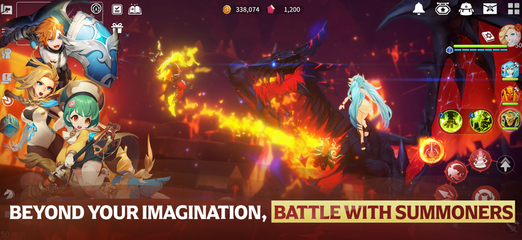 Summoners War: Chronicles - Anime heroes battling a giant dragon in Summoners War Chronicles