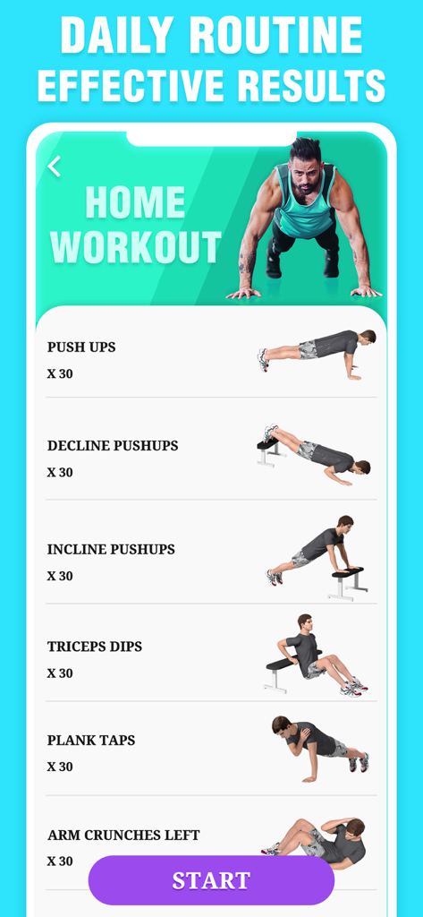 Mobile app screen displaying a daily home workout routine with a list of exercises including push ups, triceps dips, and plank taps.