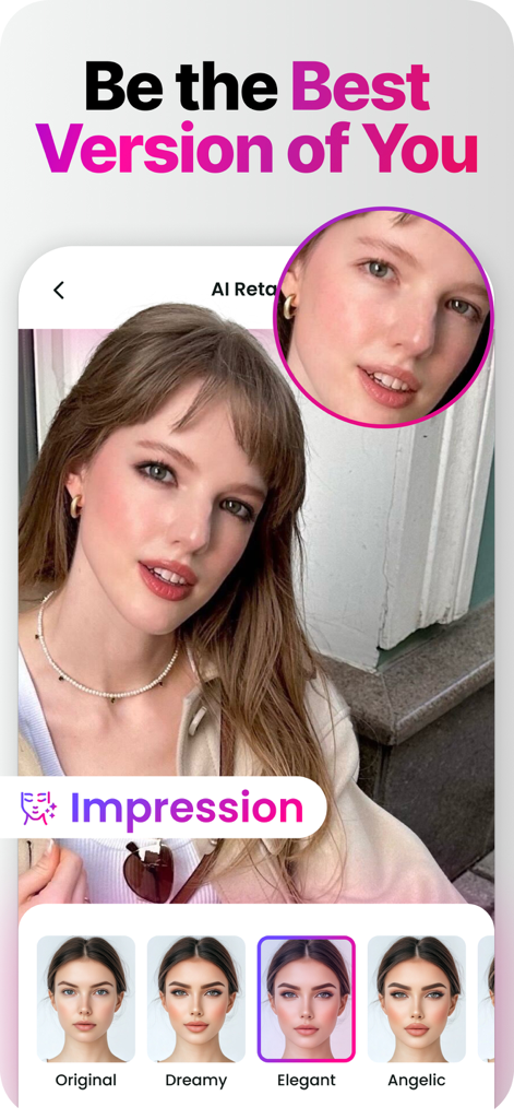 Retake AI app interface showing a woman's selfie with various natural beauty filters including Elegant and Dreamy