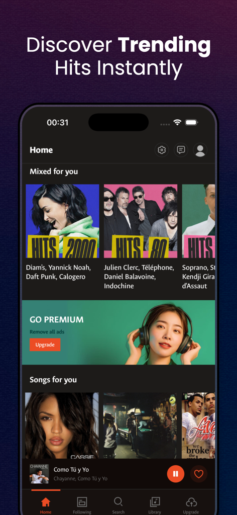 Music Player - Videos , Songs - iPhone screenshot showing the home screen of the Music Player app with curated playlists and a premium upgrade banner