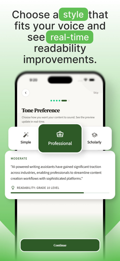 Undetectable AI:Stealth Writer - Undetectable AI app screen showing tone preference options including simple professional and scholarly with real time readability scores