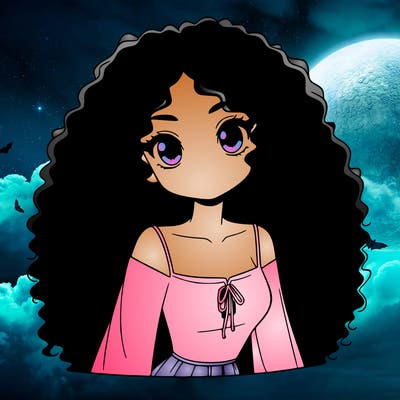 a black anime girl with long afro hair