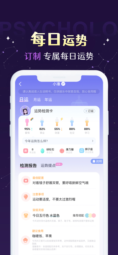 准准-真人专业塔罗牌星座星盘八字算命 - A mobile interface of the Zhuan Zhuan app showing a daily fortune report with scores for love, career, and wealth along with personalized lifestyle advice.