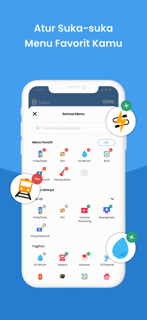 Mobile interface of i.saku app showing how to customize favorite payment and utility service menus