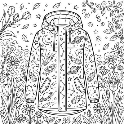Prepare for a dazzling spring with this unique coloring page featuring a jacket adorned with celestial wonders. Immerse yourself in a garden of blooming flowers and cosmic patterns, ready for your creative touch.