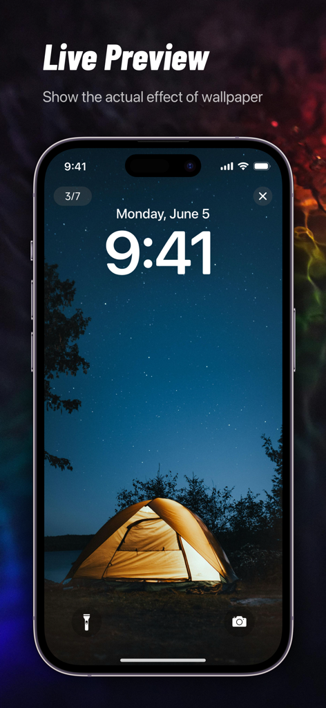 Prévia ao vivo de um wallpaper de natureza gerado por IA na tela de bloqueio de um iPhone, mostrando uma barraca brilhante sob um céu estrelado.