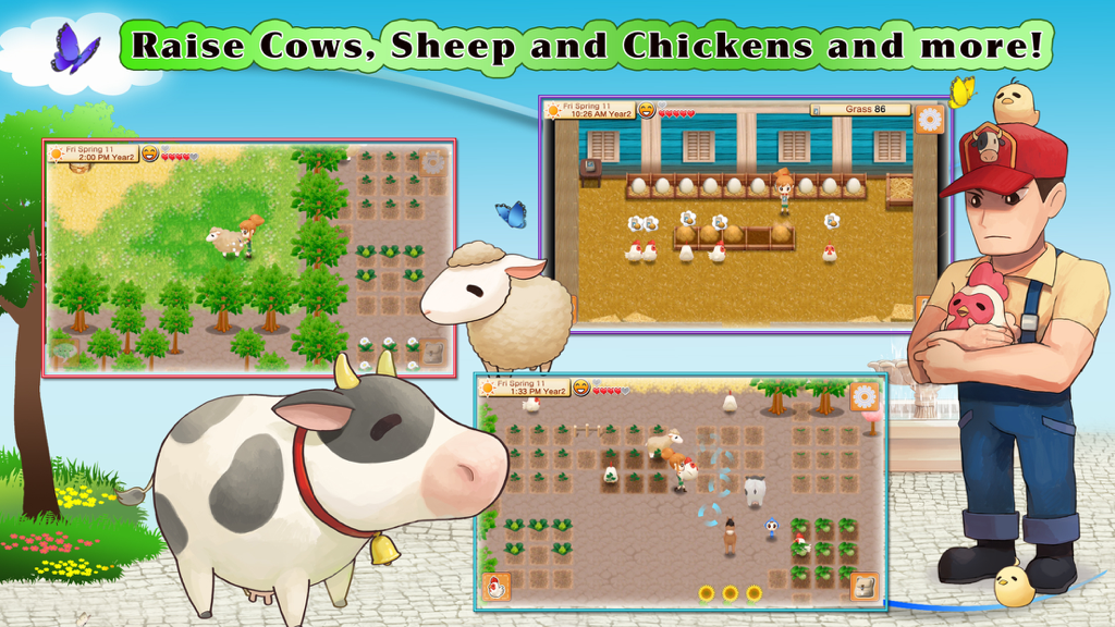 HARVEST MOON: Seeds Of Memories - Screenshot di gioco di Harvest Moon Seeds of Memories che mostra la cura degli animali della fattoria e la coltivazione delle colture.