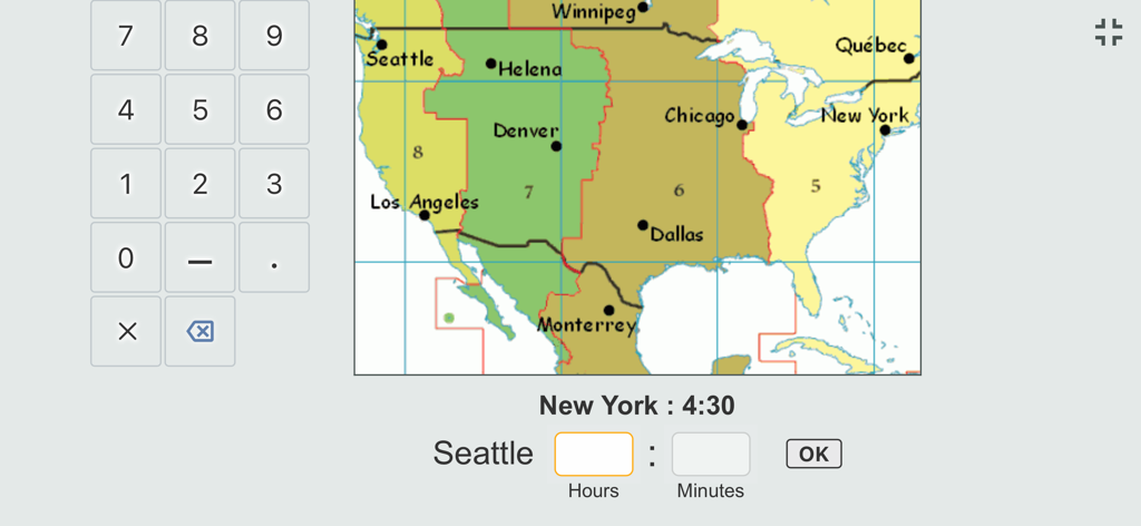 ThatQuiz mobile app showing a time zone quiz with a map of North America and a numeric keypad for student input