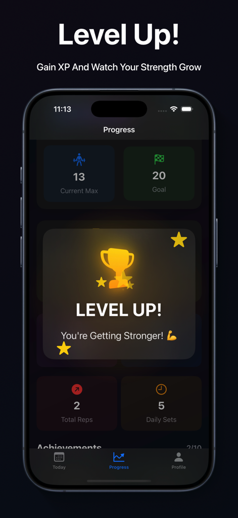 Grease the Groove Workouts - Grease the Groove Workouts level up screen showing a trophy icon and strength progress statistics