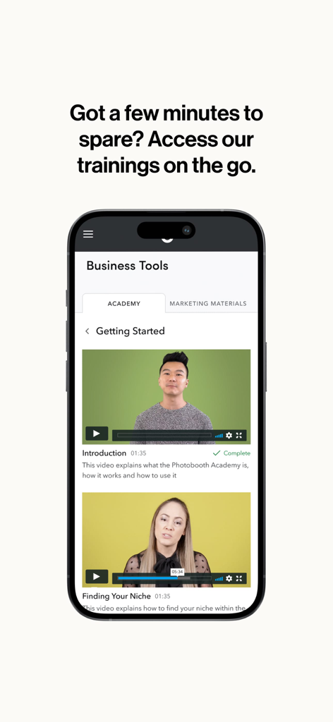 Mobile screen displaying the Fiesta Academy business training and marketing tools with educational videos.