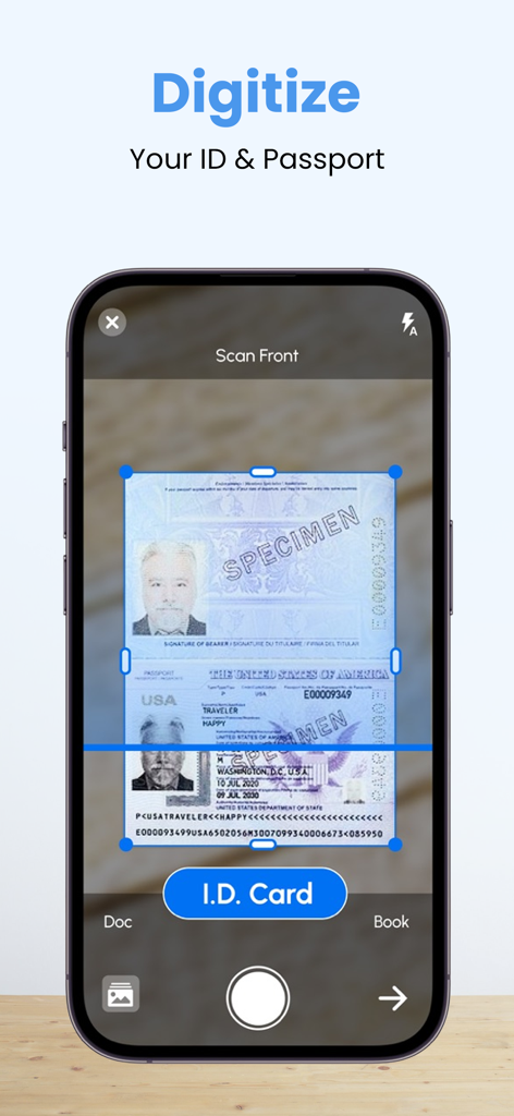 PDFスキャナーアプリを使用してデジタルドキュメントストレージのためにパスポートをスキャンしているiPhone画面。