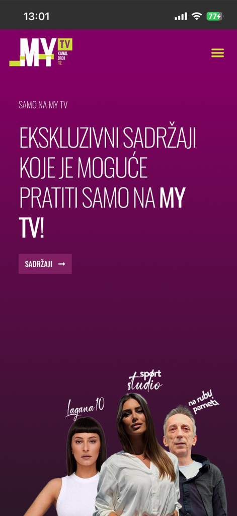 MY MEDIA - Pantalla de inicio de la aplicación MY MEDIA con programas de televisión bosnios exclusivos y deportes