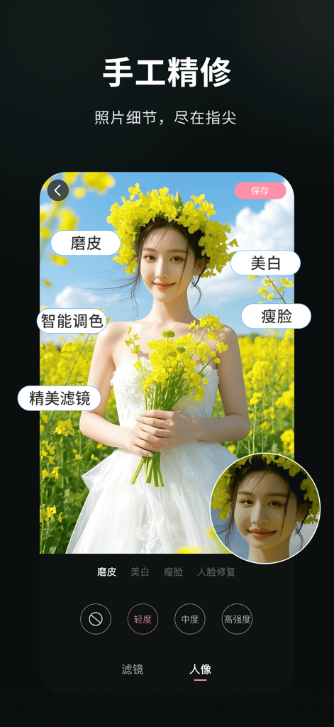 User interface of the Pixel AI Photo Editor app showing manual portrait retouching features on a woman's photo