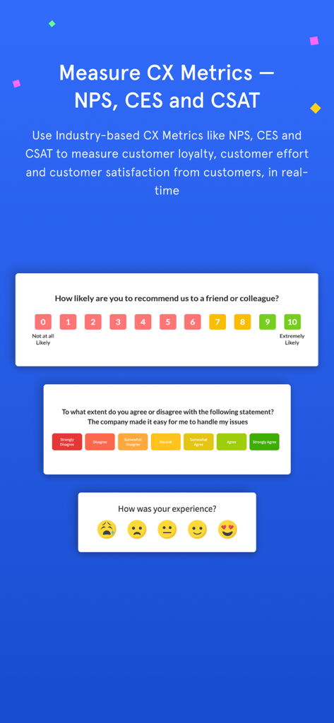 Zonka Feedback-Surveys, Kiosk - Zonka Feedback interface showing NPS CES and CSAT survey templates with rating scales and emoticons
