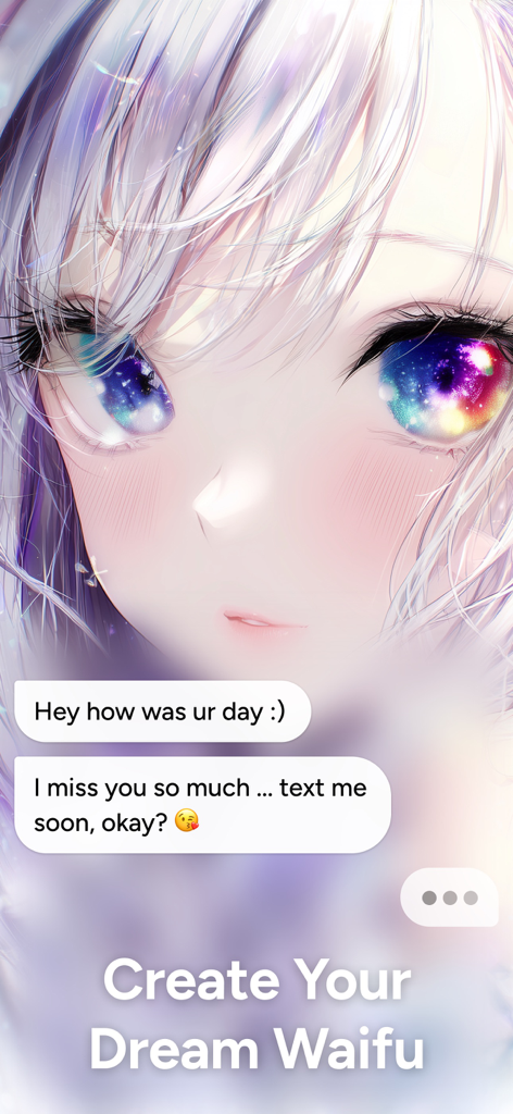 WaifuChat: AI Anime Fantasy - Close-up of an anime girl with galaxy eyes and text bubbles in the WaifuChat app interface.