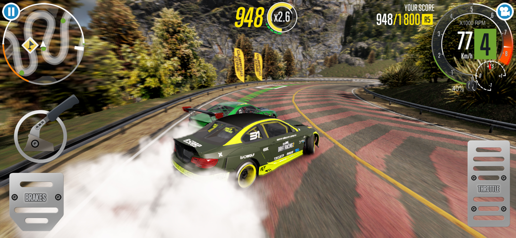 Two cars performing a tandem drift on a winding mountain road in CarX Drift Racing 2 with game UI and smoke effects
