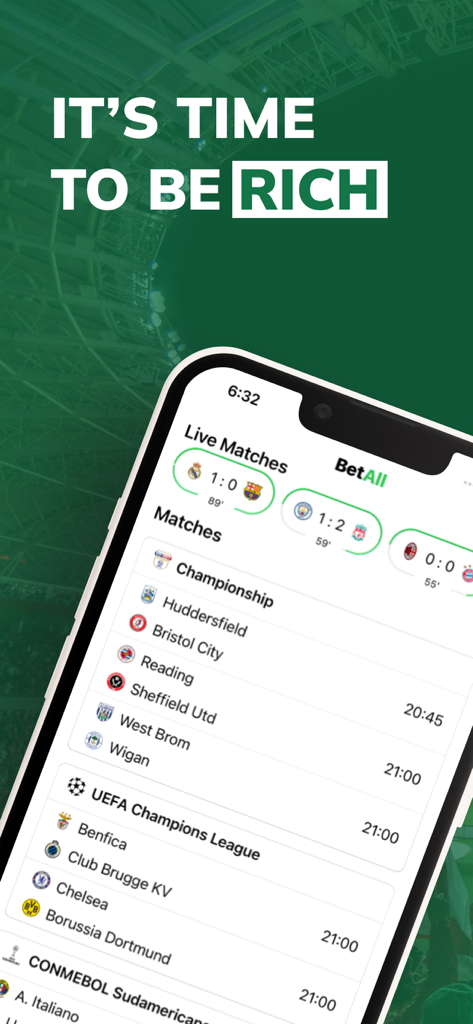Sport Bet Tips Match - BetAll - BetAll mobile app displaying live football match scores and schedules for global leagues