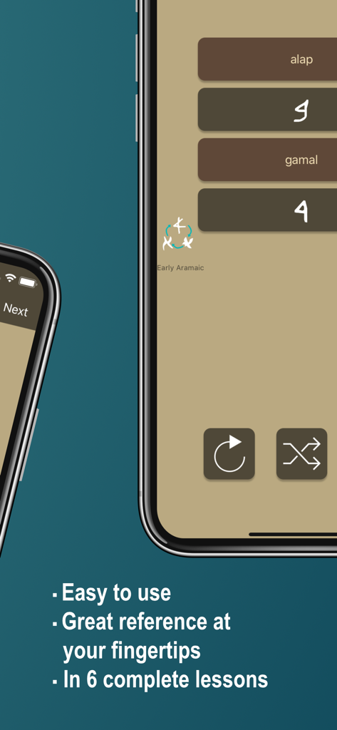 Aramaic Alap Beth Now - Screenshot of the Aramaic Alap Beth Now app showing Early Aramaic script lessons for the letters Alap and Gamal