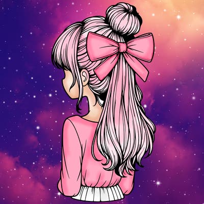realistic girl  with hip length hair a bun and a big bow on the back of head