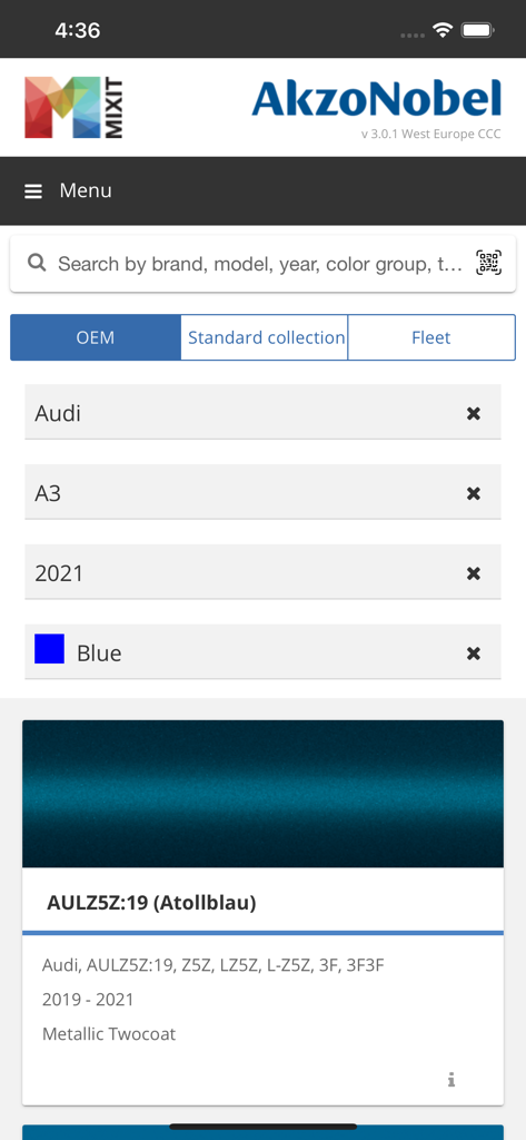 AkzoNobel MIXIT app showing a blue metallic paint search for an Audi vehicle