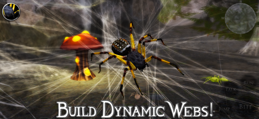 Ultimate Spider Simulator 2 - A realistic black and yellow spider spinning a complex web in a forest near a glowing mushroom
