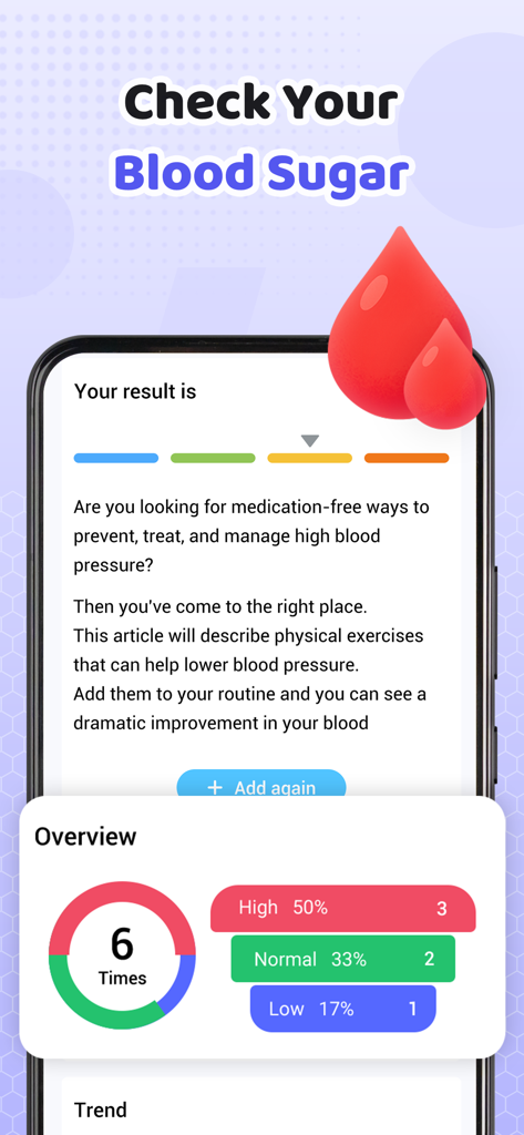 HeartEase: BP Tracker - Interfaz de la aplicación móvil que muestra los resultados del seguimiento del nivel de azúcar en sangre y un gráfico general de datos