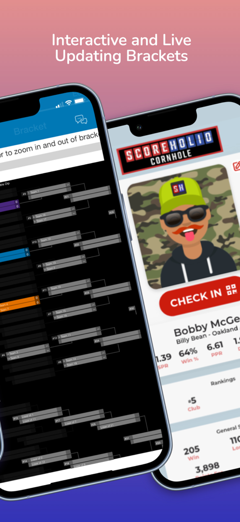 Two smartphones displaying the Scoreholio app with a live tournament bracket and a player profile check-in screen