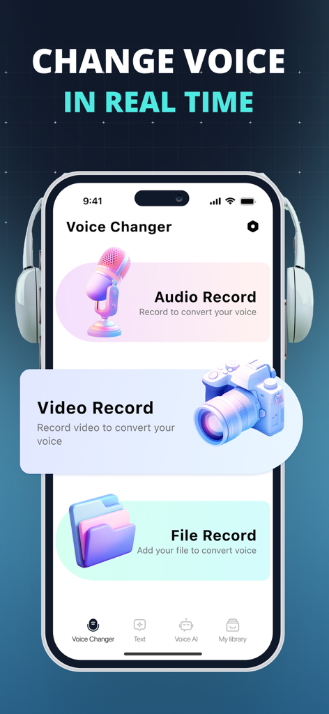AI Voice Changer app interface showing audio and video recording options for voice transformation