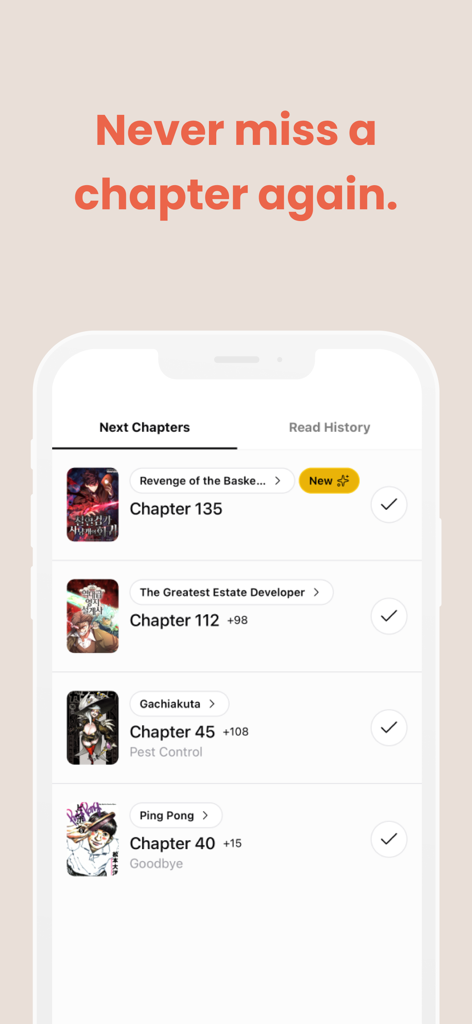 MangaTime - Manga Tracker - Screenshot of MangaTime app displaying a list of upcoming chapters for tracked manga series with checkboxes to mark as read.